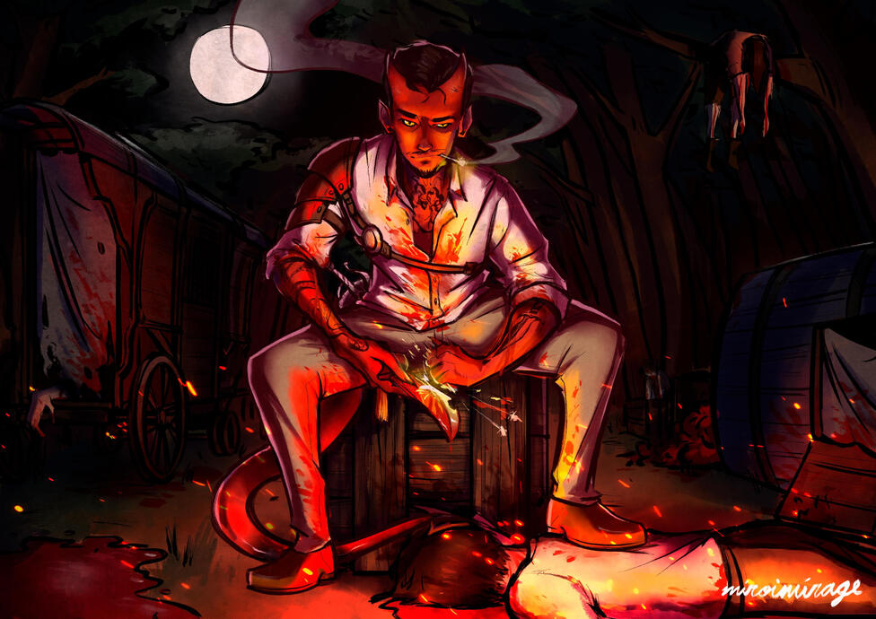 Fullbody, coloured, complex character with background