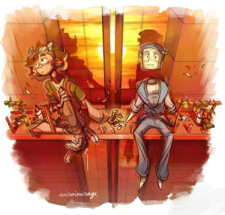 Two characters fullbody, coloured, with complex background