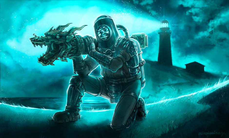 Complex character illustration with background